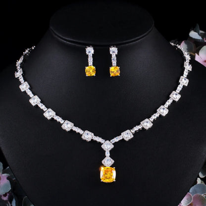 Super Shiny Big Square Yellow Cubic Zirconia Stone Wedding Bridal Necklace Earrings Party Costume Jewelry Sets for Women T0726
