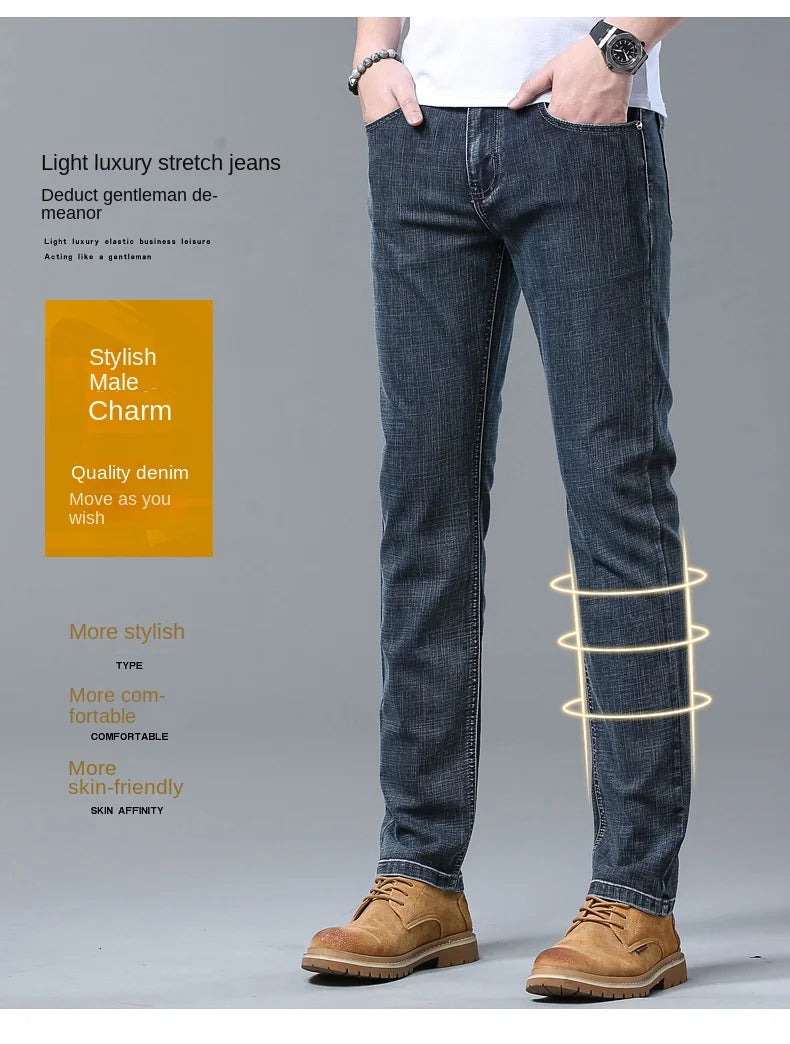 2026 Brand New Men  Straight Blue Gray Jeans Business Fashion Classic Style Cotton Stretch Denim Pants Male Brand Trousers