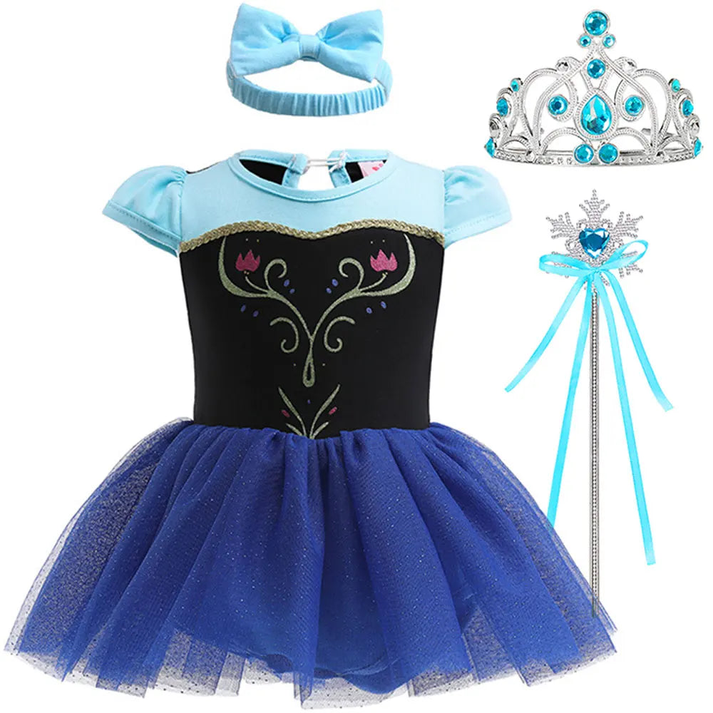 New Infant Baby Romper Blue Dress Snow White Elsa Anna Costume Cute Design Baby Cotton Dress+Headband Accessories Set