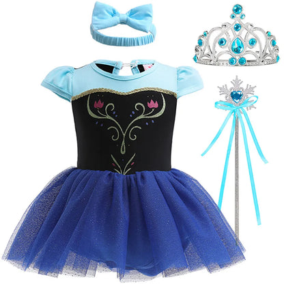 New Infant Baby Romper Blue Dress Snow White Elsa Anna Costume Cute Design Baby Cotton Dress+Headband Accessories Set