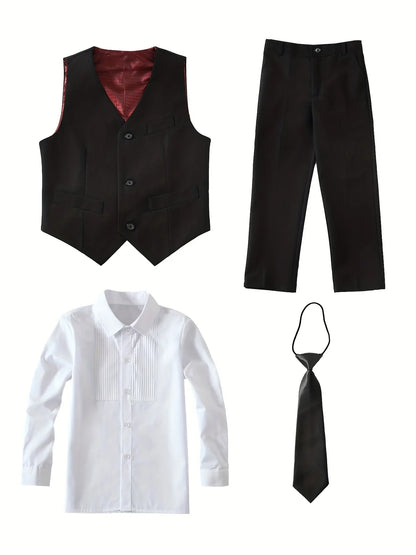 4pcs/set Boys' Suit Set With Pants, Vest, Shirt And Tie School Uniforms