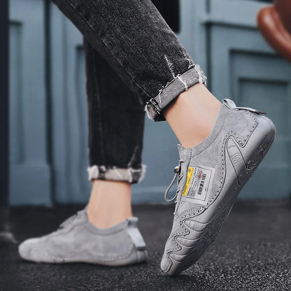 Men Lightweight Sneakers Non-slip Sole Stitch Genuine Solid Leather Shoes Outdoor Casual Walking Driving Flats Shoes