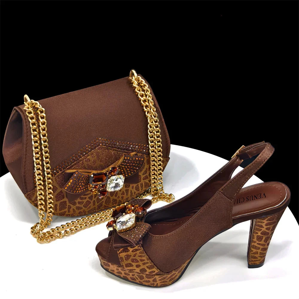 Rhinestone Design INS Hot Sale New Arrivals African Shoes and Bag Set in Blue Color Open Toe Comfortable Women Heels