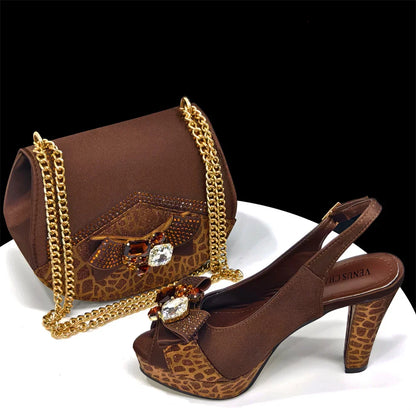 Rhinestone Design INS Hot Sale New Arrivals African Shoes and Bag Set in Blue Color Open Toe Comfortable Women Heels