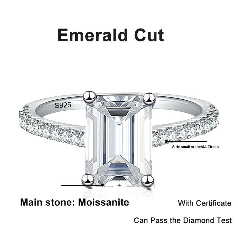 1CT 2CT Emerald Radiant Cut Moissanite Ring for Women Engagement Wedding Lab Diamond Sterling Silver 925 Rings Jewelry