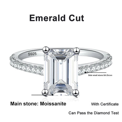 1CT 2CT Emerald Radiant Cut Moissanite Ring for Women Engagement Wedding Lab Diamond Sterling Silver 925 Rings Jewelry