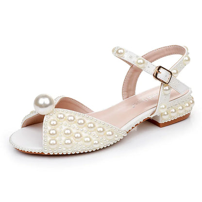 Summer new 2-cm square-heeled silk ribbon pearl rhinestone low-heeled wedding shoes beaded lace-up flat large-size women sandals
