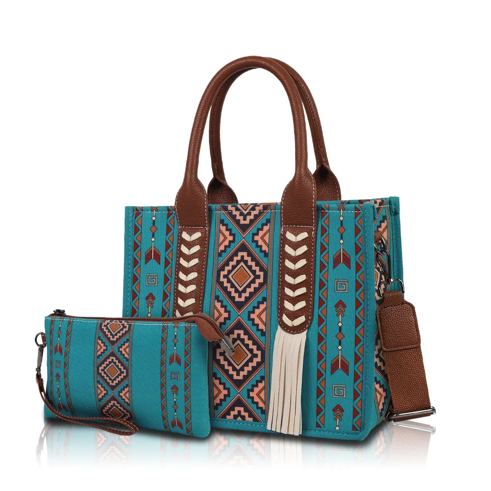 Ethnic print hand-held crossbody bag set with tassel decoration and small coin purse, suitable for daily commuting