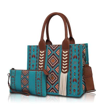 Ethnic print hand-held crossbody bag set with tassel decoration and small coin purse, suitable for daily commuting