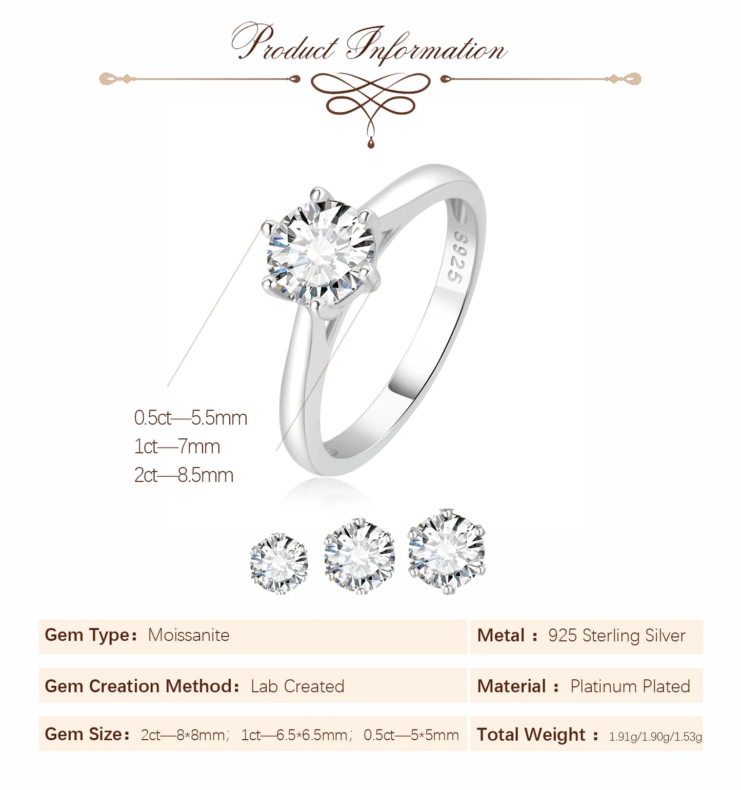 Moissanite D Color 0.5ct 1ct 2ct Round Cut S925 Sterling Silver Solitaire Wedding Engagement Ring for Women