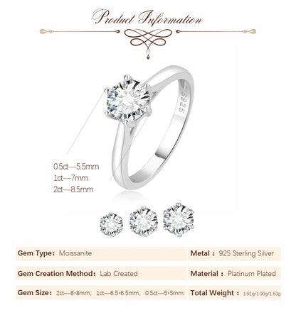 Moissanite D Color 0.5ct 1ct 2ct Round Cut S925 Sterling Silver Solitaire Wedding Engagement Ring for Women