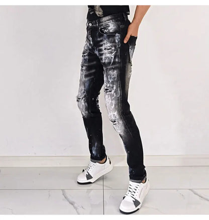 Street fashion men's black gray jeans, high-quality stretch slim fit painted corrugated jeans designer retro hip-hop brand pants