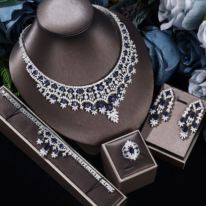 2024 Novo Conjunto de Joias de Luxo 4 Peças com Zircônia Cúbica para Noiva, Conjunto de Colar com Cristais, Conjunto de Joias de Dubai, Nigéria