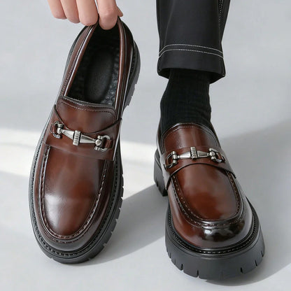Europe Fashion Thick Sole Men's Penny Loafers Slip-On Business Dress Shoes Gentleman Glossy Buckle Formal Party Black Shoes