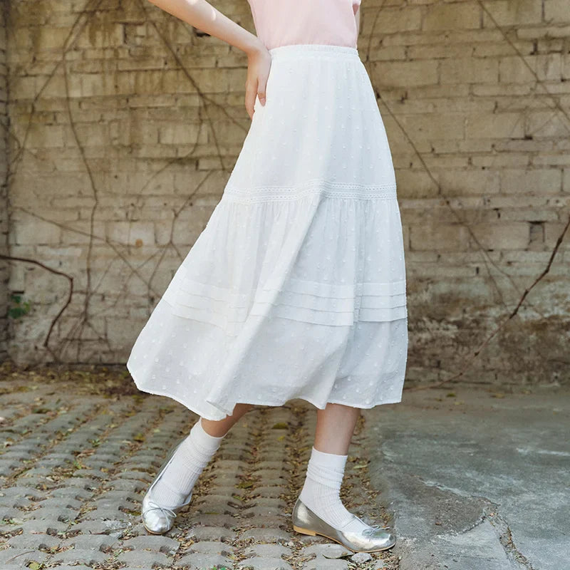 Skirt Women Elastic Waist A-Line Elegant 2025 New Summer Patchwork Lace Polka Dot Long Skirt Graceful for Daily Wear