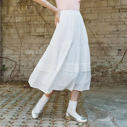 Skirt Women Elastic Waist A-Line Elegant 2025 New Summer Patchwork Lace Polka Dot Long Skirt Graceful for Daily Wear