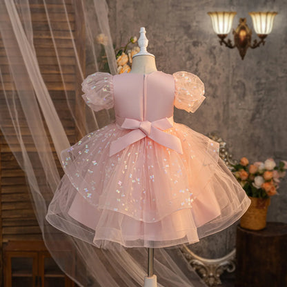 Vestido de Verão Novo com Laço e Bordado de Miçangas para Meninas, Saia Rodada Fofa, Vestido de Aniversário de Tule para Bebê Menina