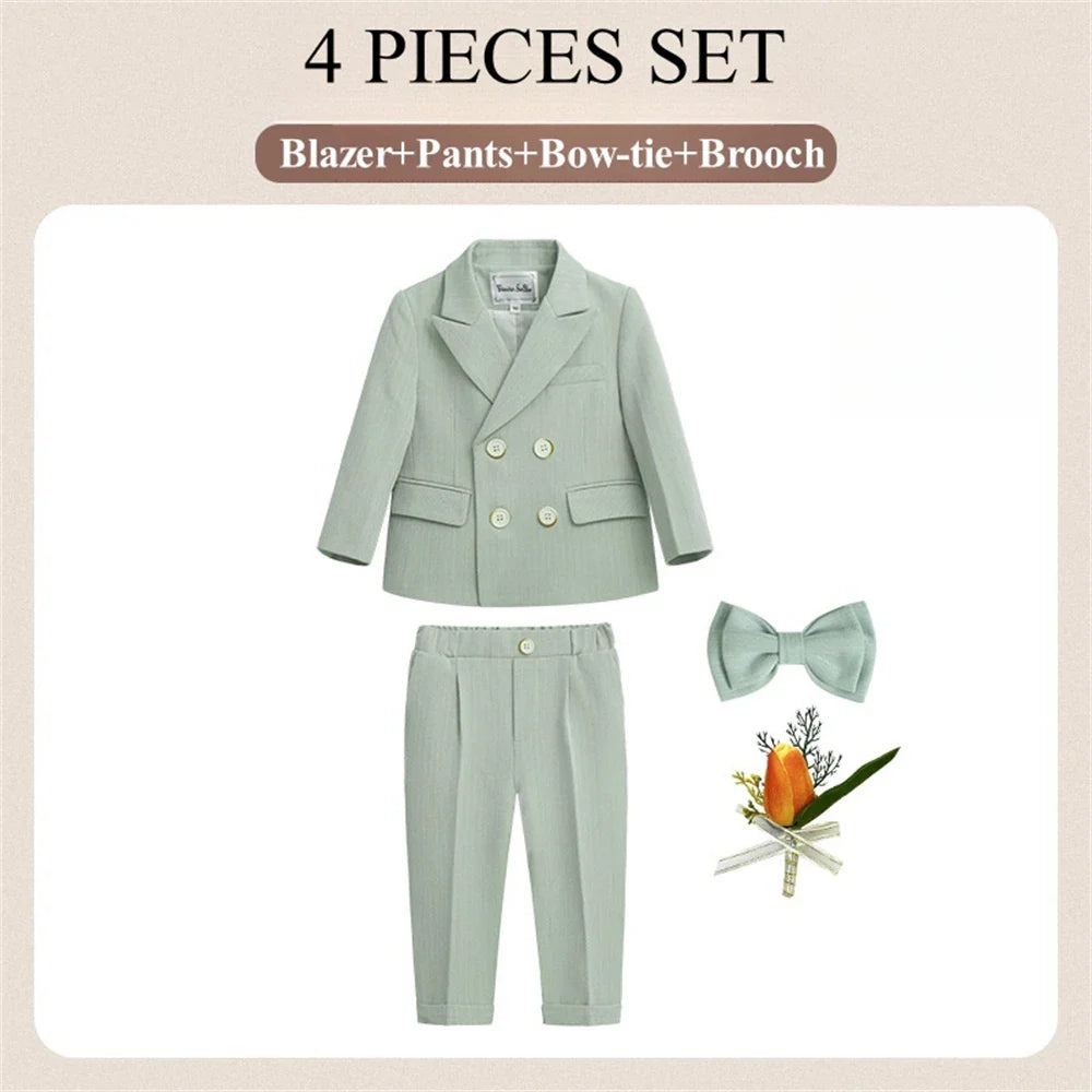 2-14 Yrs Toddler 3-Piece Suit Set Double Breasted Suit Jacket Pants Bowtie Birthday Communion Party Suit for Children