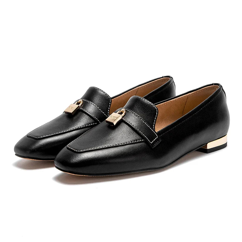 Women's Leather Loafers with Gold Lock Detail Square Toe Low Heel Penny Casual Office Slip-On Dress Shoes for Woman