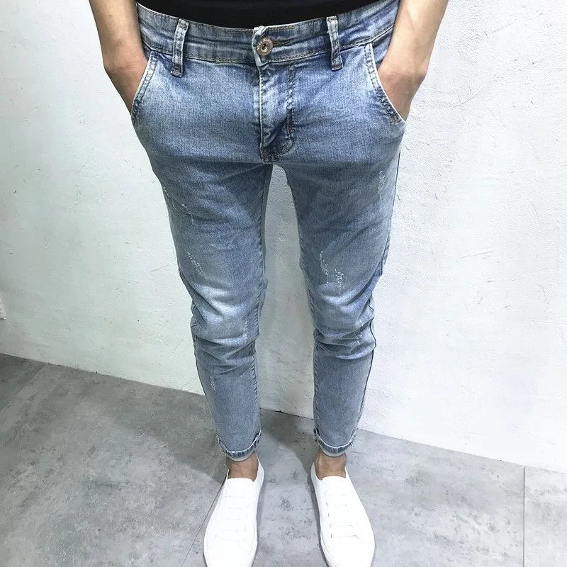 2024 Spring and Autumn New Fashion Trend Solid Color Elastic Small Legs Men's Casual Slim Comfortable High Quality Denim Pants