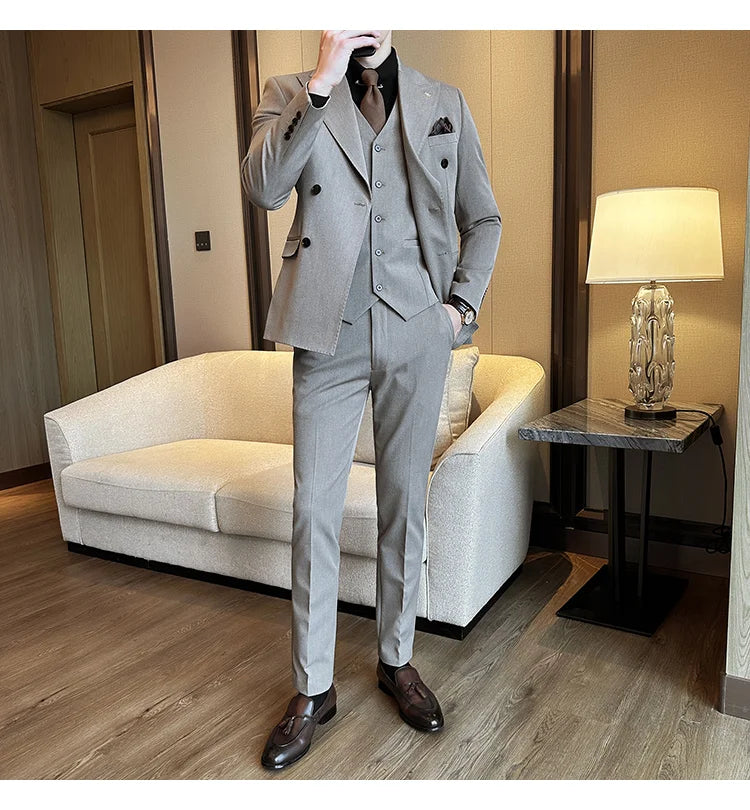 (Jackets+Pants) Luxury Double Breasted Design Slim Fit Suit High Quality Fashion Men's Wedding Social Suit Tuxedo 2 Piece Set