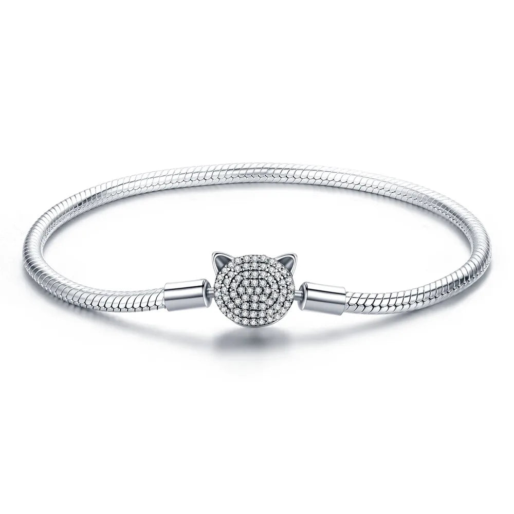 100% 925 Sterling Silver Forever Love Bright Heart Charms Bracelet for Women Cat Clasp Snake Chain Bangle Fine Jewelry