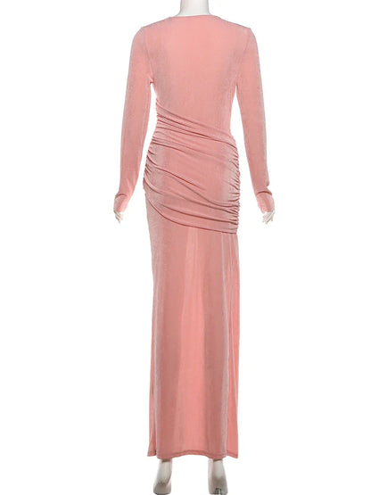 Folds Maxi Dress Women o-Neck Full Sleeve Solid Banquet Elegant Vacation Fashion Autumn Skinny Casual Simple Vestidos