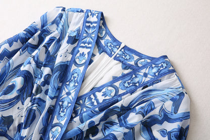 Red Blue And White Porcelain Print Holiday Dress Summer Vintage Bohemia Dress Women's  Loose Lace Up Belt Long Robe Vestido