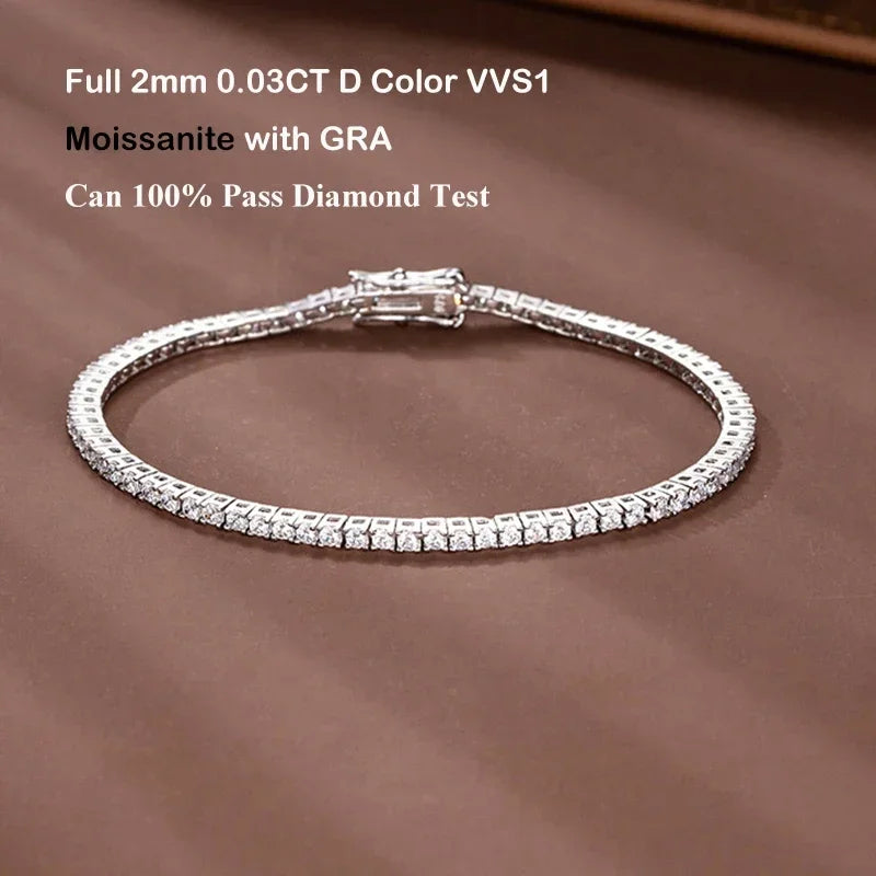 New In Real D Color Full 2mm 0.03CT Moissanite Tennis Bracelet For Women S925 Silver Plated 18K Diamond Link Bracelets Gift