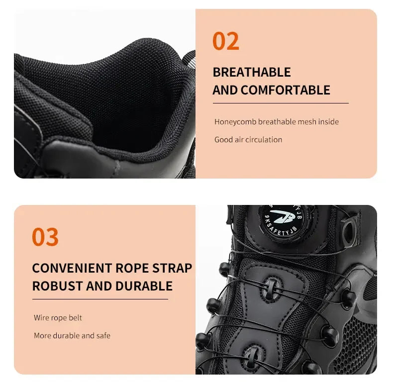 Men's Safety Work Boots Steel Toe Breathable Indestructible Puncture-Proof Rotary Buckle Shoes Comfortable Brand Work Footwear