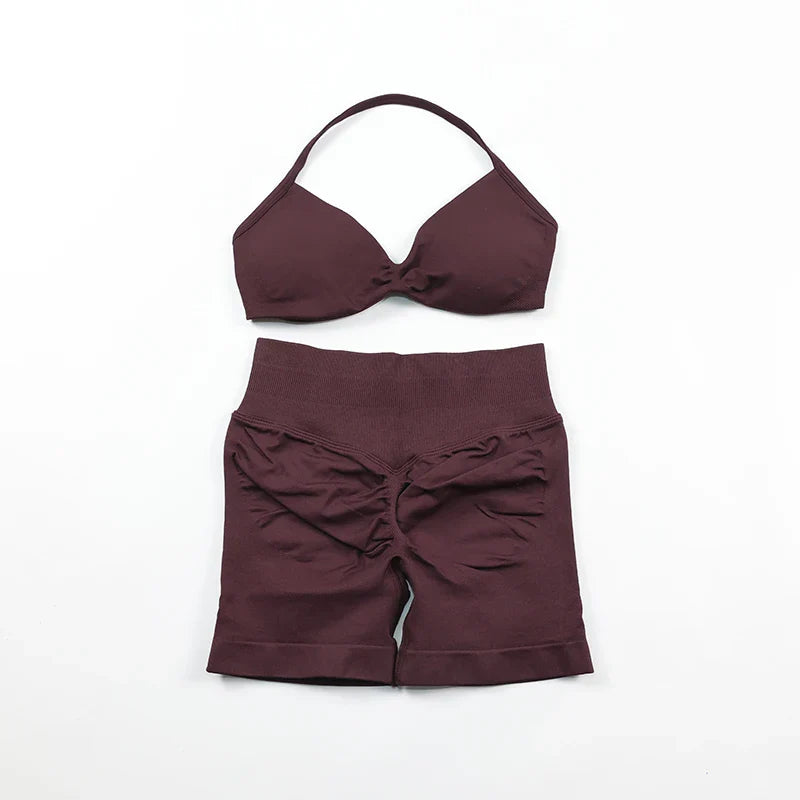 Scrunch Seamless Yoga Set Women Sportswear Ribbed Gym Shorts Strappy Sports Bra 2 Piece Set Halter Workout Clothes Fitness Suit