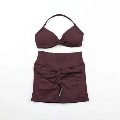 Scrunch Seamless Yoga Set Women Sportswear Ribbed Gym Shorts Strappy Sports Bra 2 Piece Set Halter Workout Clothes Fitness Suit