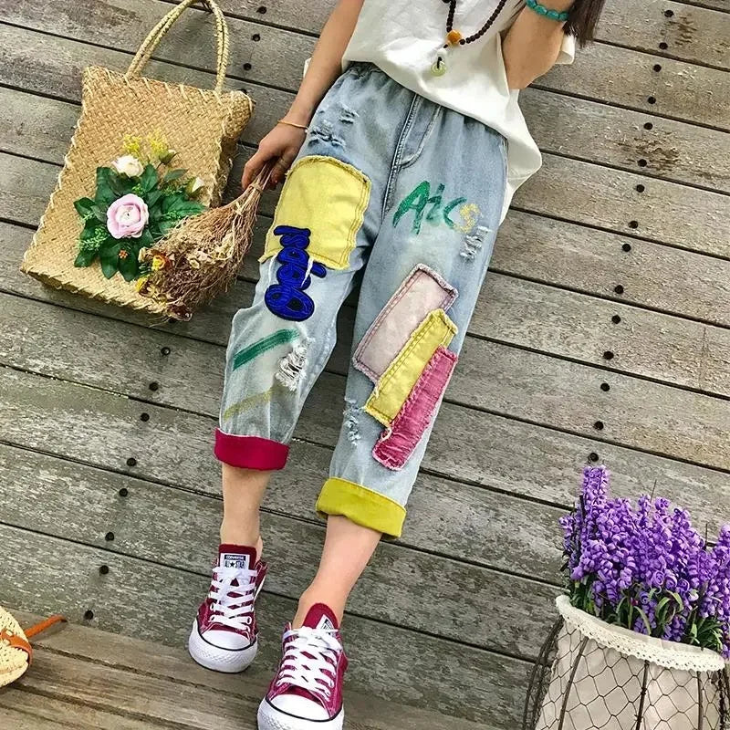 Spring Summer 2025 New Women Denim pants Thin Retro patch Embroidery Elastic waist Hole Contrast Loose Jeans pants Female