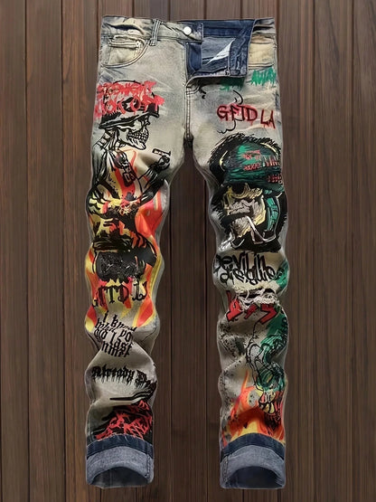 Calça jeans feminina estampada com buracos e lavagem vintage, nova tendência da moda europeia e americana