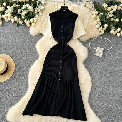 Fashion Vintage Turn-down Collar Knit Maxi Dress Elegant Single-breasted A-line Long Shirt Dress Lady Vestidos
