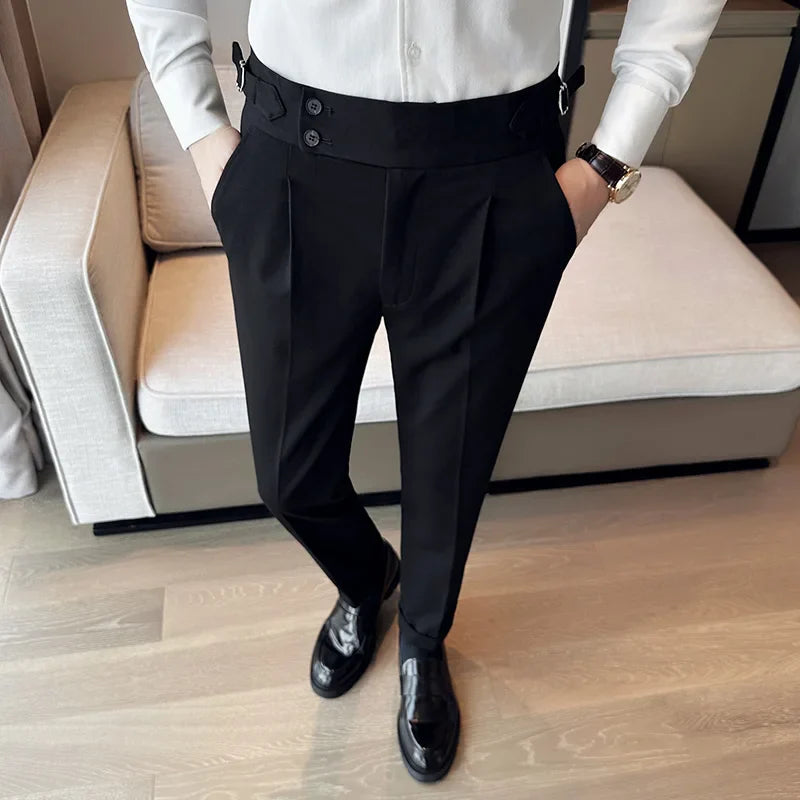 New Spring Autumn High Waist Smart Casual Dress Pants Men Belt Design Slim Suit Pants Formal Wedding Social Party Mens Trousers