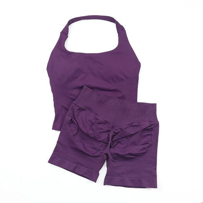 Seamless Yoga Set Womens Backless Halter Tank Top Ribbed Waist Gym Shorts 2 Piece Sets Women Outfit Workout Clothes