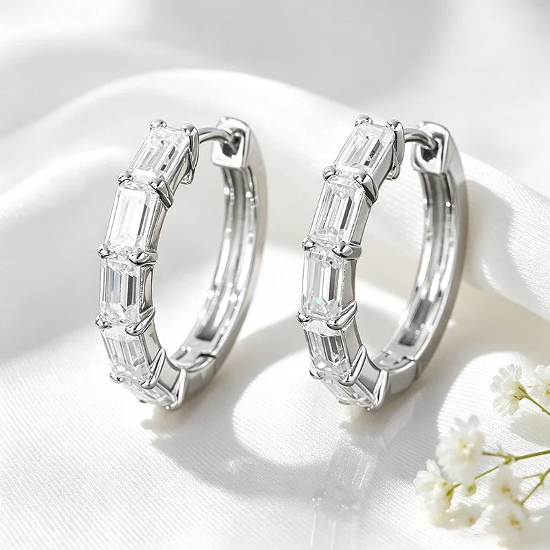 3*5mm Pass Diamond Test Moissanite Hoop Earrings D Vvs1 Emerald Cut Dainty Ear Jewelry for Women S925 Sterling Silver