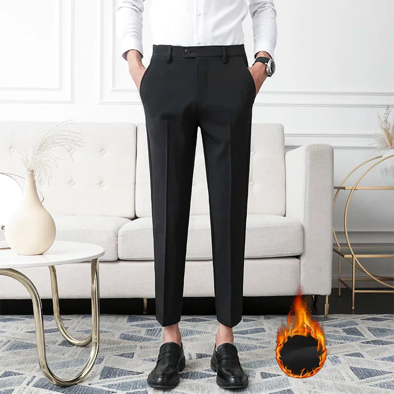 Thickened Fleece Men's Casual Straight Leg Pants Autumn Winter Elastic Slim Fit Korean Style Fashionable Nine Point Long Trou...