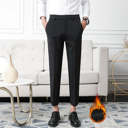 Thickened Fleece Men's Casual Straight Leg Pants Autumn Winter Elastic Slim Fit Korean Style Fashionable Nine Point Long Trou...