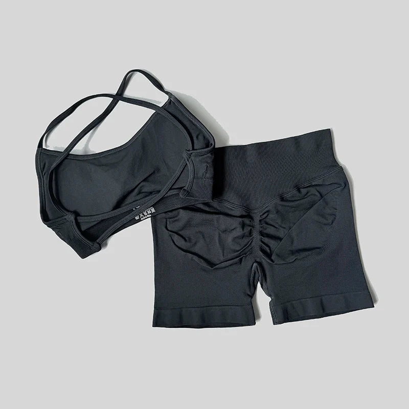 Peach Hip Lifting Suit Back Cross Sports Bra Shockproof Bra Quick Drying Shorts Set Gym Fitness Running Yoga Suit