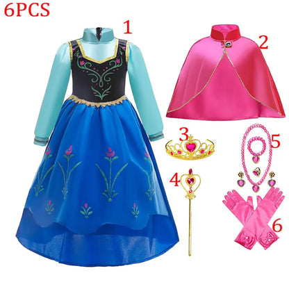 Elsa Princess Floral Frock with Cape Elsa Younger Sister Anna Disguise Dress Cosplay Party Snow Queen Cute Girl Carnival Outfit