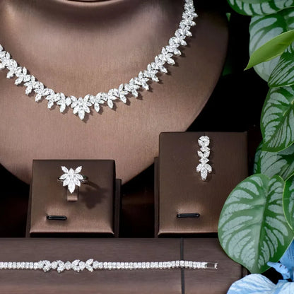 Fashion Cubic Zircon Leaf Pendant Necklace and Earrings Set 4PCS Bridal Wedding Jewelry Set for Women Gifts Bijoux  S-353