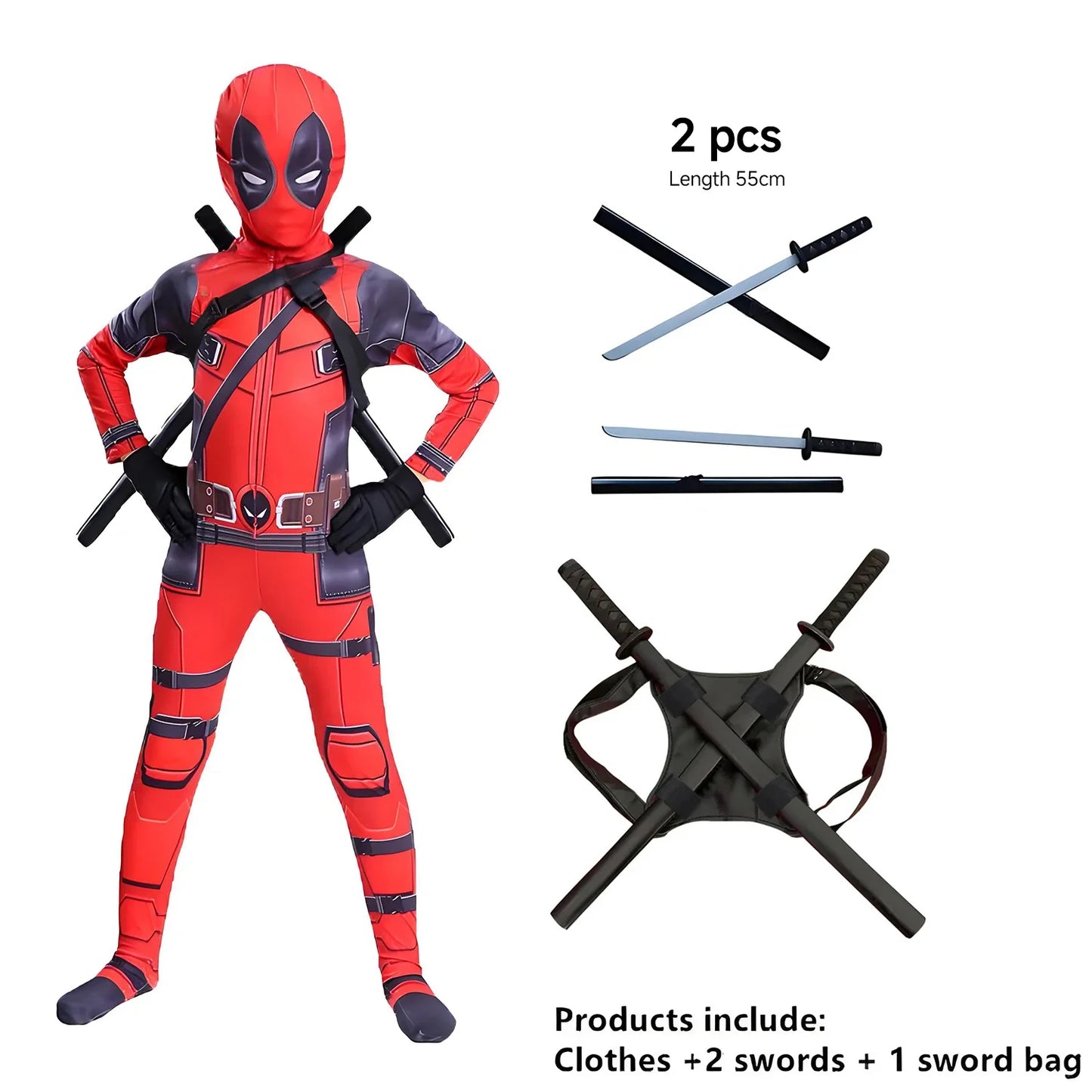 PU Sword Won‘t Break High Quality Deadpool Costume Kid Halloween Cosplay Costume Deadpool Suit Jumpsuit Deadpool Child Costume