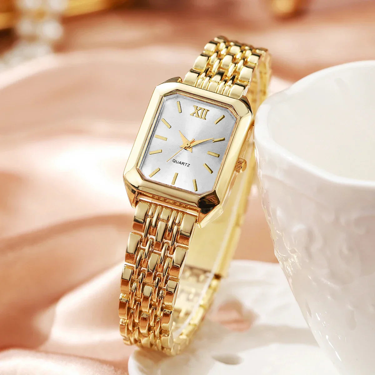 6pcs Elegant Rectangle Women Watches Heart Pendant Jewelry Set Ladies Quartz Wristwatch Reloj Mujer（Without Box）