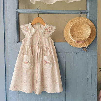 New Summer Girls' Clothing for 2-7 Years Old Korean Version Fashionable Daily Pony Embroidery Lapel Sleeveless Printed Dress