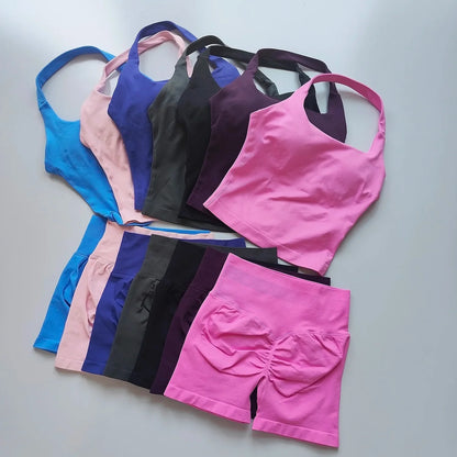 Sexy Halter Neck Beautiful Back High Waist Peach Sports Bras Shorts Suit Pilates Gathering Yoga Vest Training Fitness Bra Sets