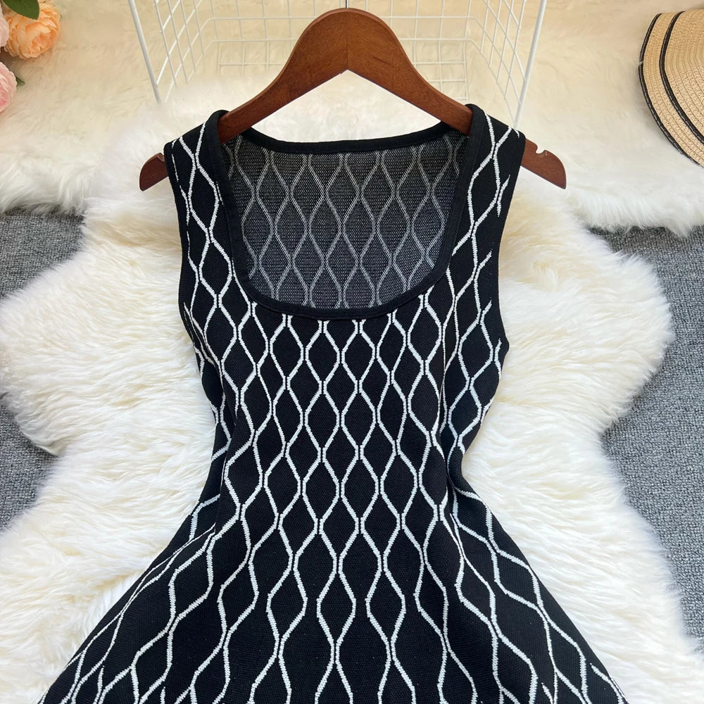Fashion A-line Short Women Dress Elegant Y2K Geometric Knitted Summer Dress Female Harajuku Black Party Vestidos