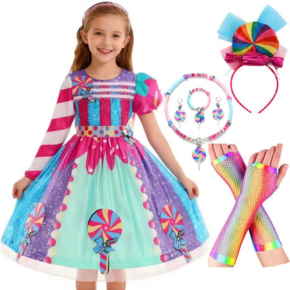 Presente Clássico para Festa de Carnaval de Purim para Meninas Vestido Arco-Íris Assimétrico Longo e Curto com Manga Doce Conjunto de Vestidos Fofos para Férias de Natal