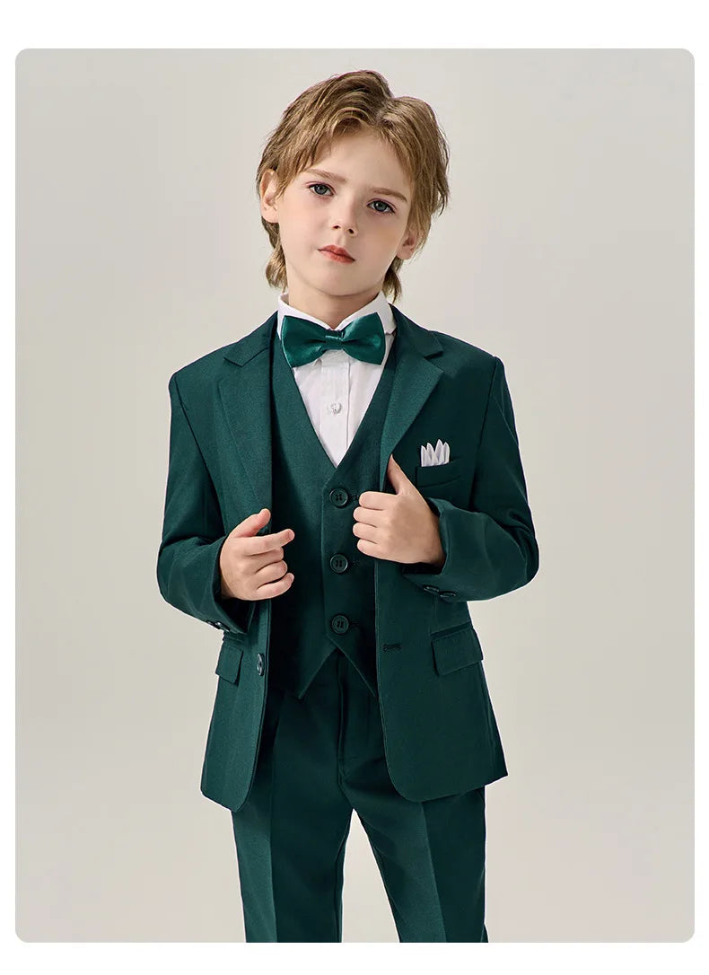 Boys Dark Green Jakcet Vest Pants Bowtie Evening Party Dress Children Wedding Photograph Suit Kids Ceremony Performance Costume